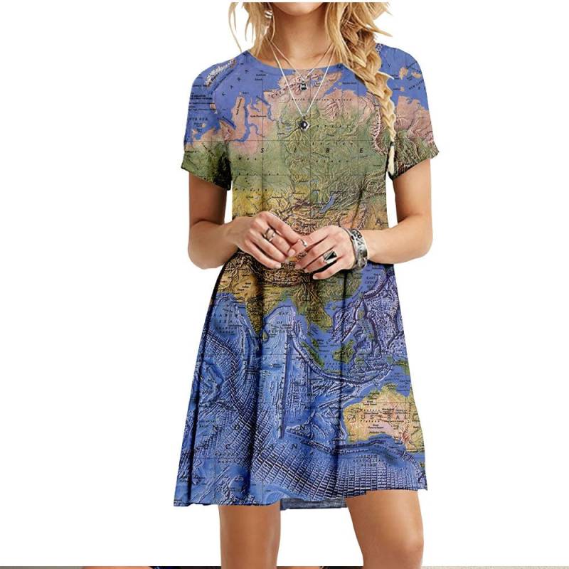 Neue Kleidung Für Sommer Frauen Welt Karte Kleid Casual Oansatz Kurzarm Lose Übergroßen Kleid Mode Damen 3D Gedruckt Kleider L von Joom DACH