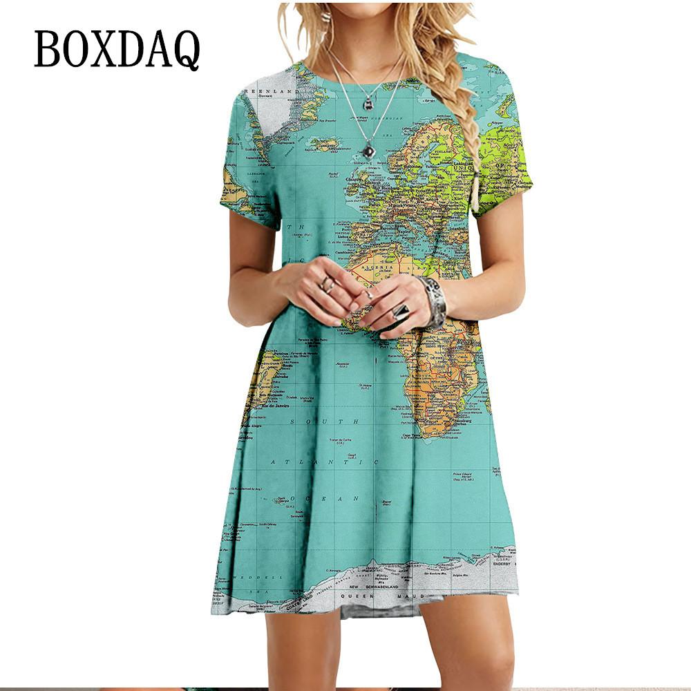 Neue Kleidung Für Sommer Frauen Welt Karte Kleid Casual Oansatz Kurzarm Lose Übergroßen Kleid Mode Damen 3D Gedruckt Kleider XS von Joom DACH