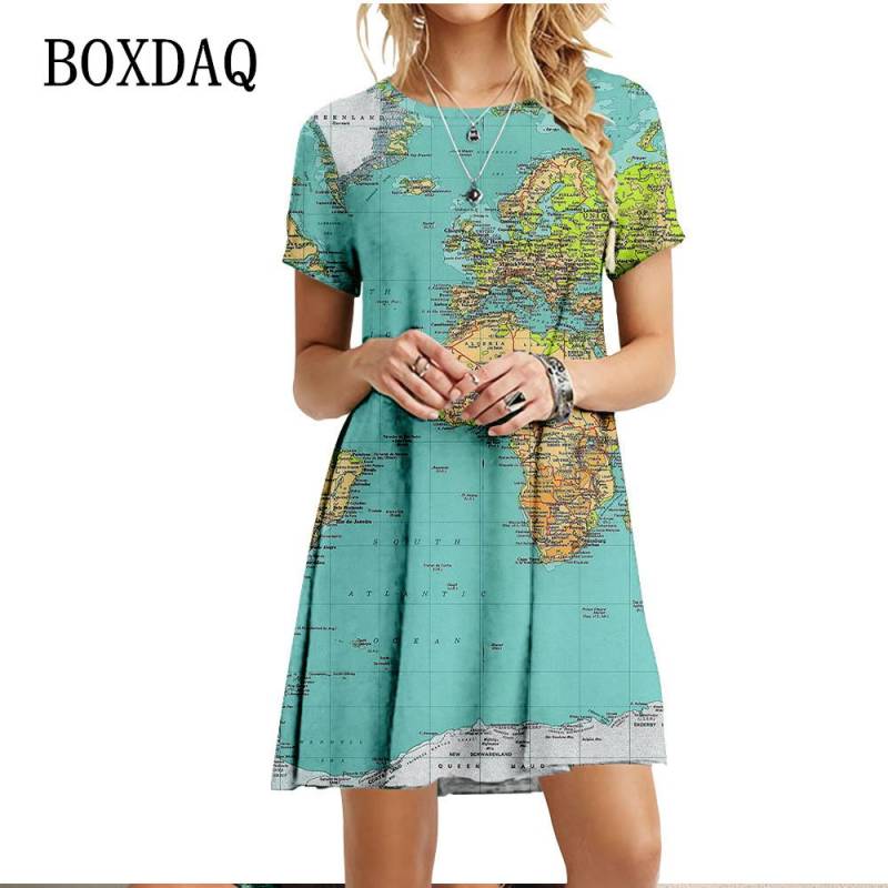 Neue Kleidung Für Sommer Frauen Welt Karte Kleid Casual Oansatz Kurzarm Lose Übergroßen Kleid Mode Damen 3D Gedruckt Kleider XS von Joom DACH