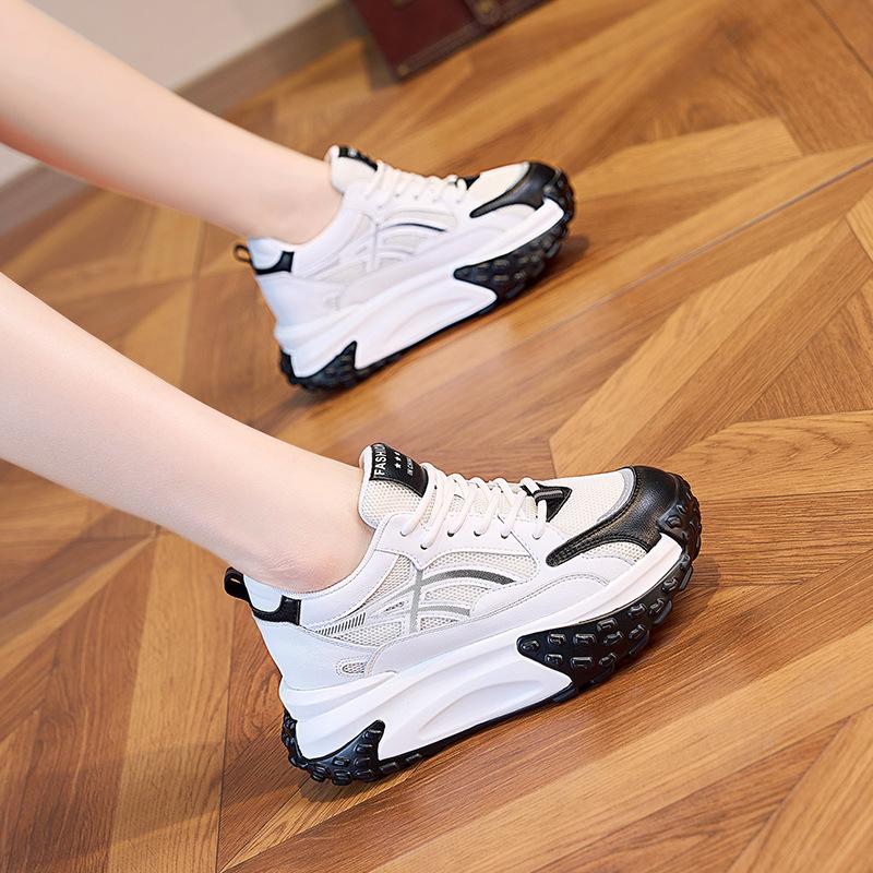 Neue Klobige Damen-Sneaker Dicke Außensohle Erhöhen Leder Freizeit Damen Schuhe Plateau-Sneaker Damen Zapatillas Mujer 7CM 39 schwarz von Joom DACH