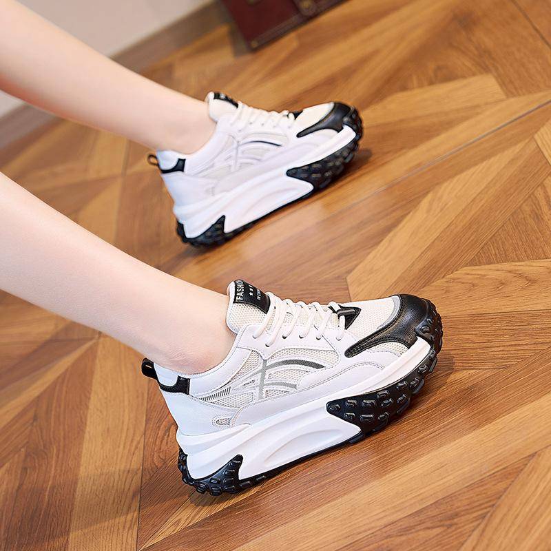 Neue Klobige Damen-Sneaker Dicke Außensohle Erhöhen Leder Freizeit Damen Schuhe Plateau-Sneaker Damen Zapatillas Mujer 7CM 39 schwarz von Joom DACH