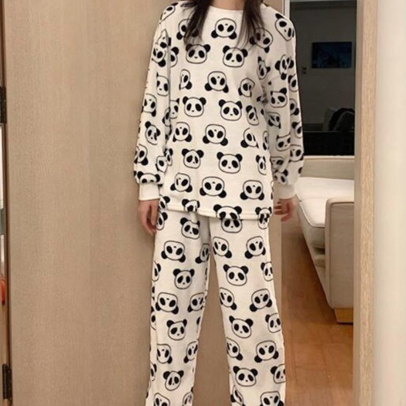Neue Korallenfleece Weiche Damenkleidung Niedlicher Panda-Druck Pyjamas für Damen Rundhals Langarm Herbst Damen Zweiteiler L weiß von Joom DACH