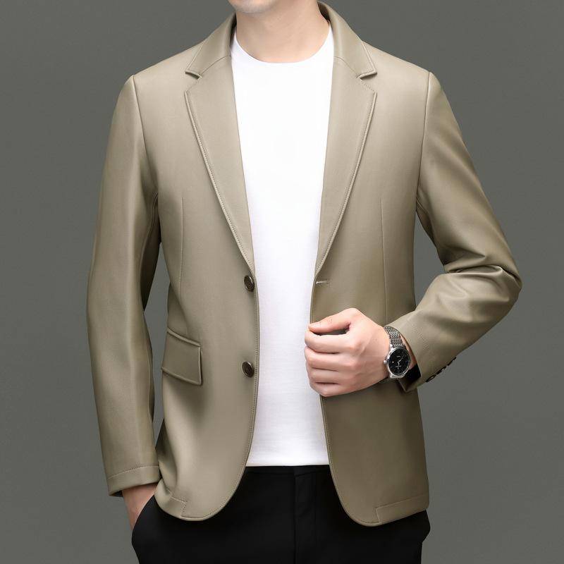 Neue Leder Herren Herbst- und Winter Weiches Leder Anzugkragen Jacken für Junge und Mittelalte Männer Zwei-Knopf Lässige Lederanzugjacken 4XL von Joom DACH