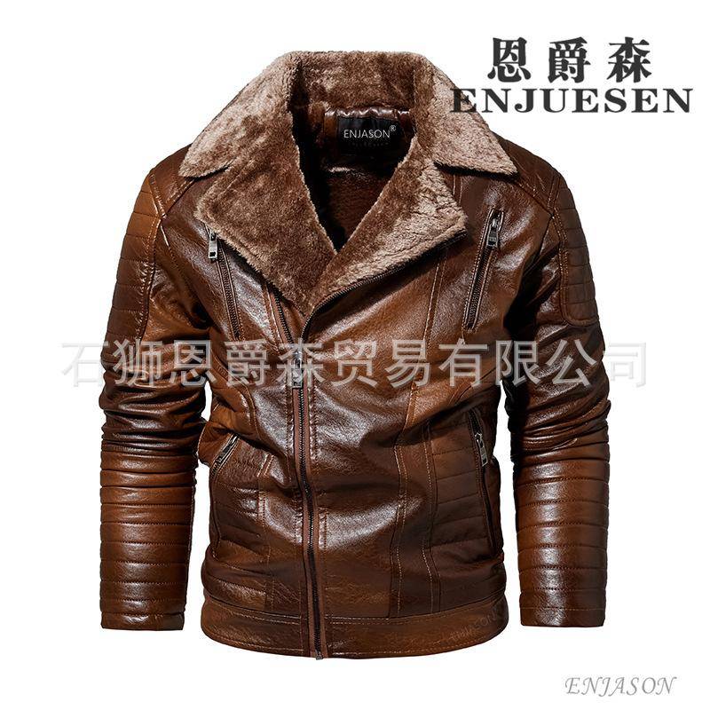 Neue Lederjacke für Herren Diagonaler Reißverschluss Englischer Gentleman Plus Fleece Anzugkragen PU Herrenjacke 3XL von Joom DACH