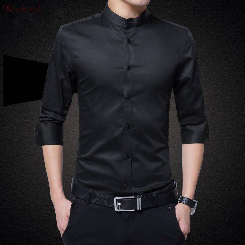Neue Männer Hemden Business Langarm Stehkragen Baumwolle Männer Hemd Slim Fit Beliebte Designs L schwarz von Joom DACH