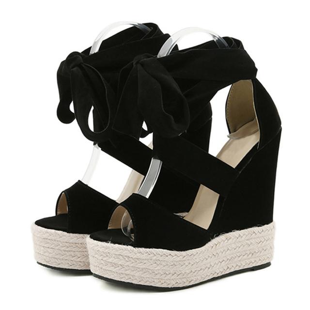 Neue Marke Roma Sandalen Frauen Sommer Offene spitze Knöchelriemen Keilabsatz Mode Stroh Seil Weben Plattform Schuhe Slides 37 schwarz von Joom DACH