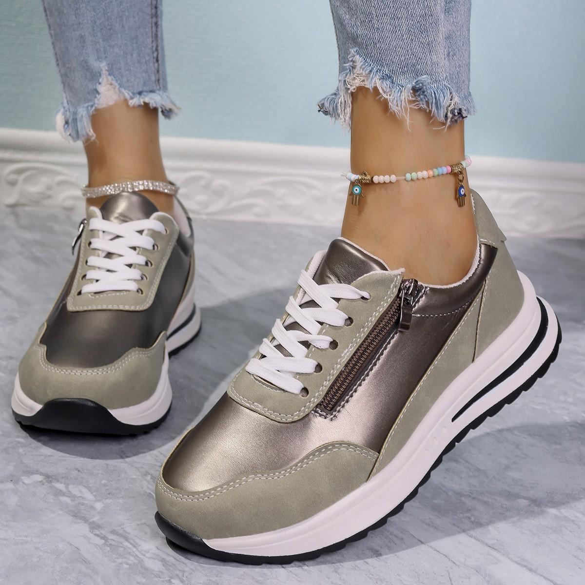 Neue Mode Damen Chunky Sneakers Mix Color Plattform Sportschuhe für Frauen Dicke Sohle Reißverschluss Laufschuhe Zapatos Mujer 43 champagner von Joom DACH