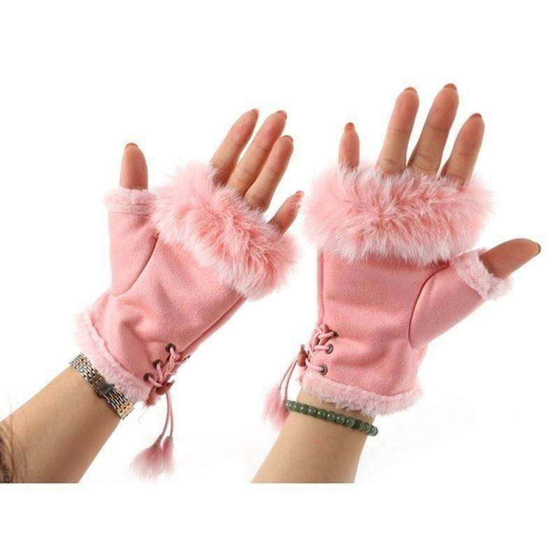 Neue Mode Damen Faux Kaninchenfell Hand Handgelenkwärmer Halbfingerhandschuhe Winterhandschuh rosa von Joom DACH