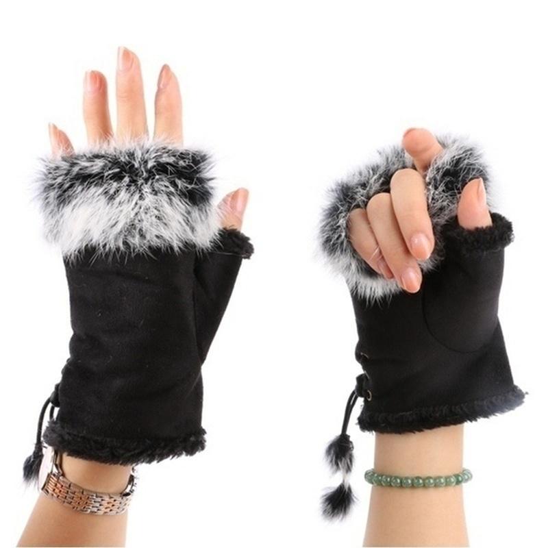 Neue Mode Damen Faux Kaninchenfell Hand Handgelenkwärmer Halbfingerhandschuhe Winterhandschuh schwarz von Joom DACH