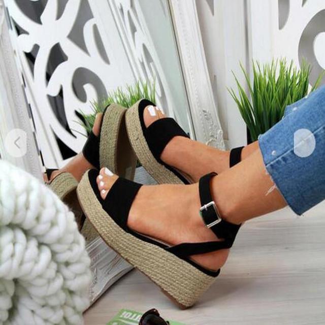 Neue Mode Damenschuhe Plus Size Schnallenschuhe Flache Keilabsatz Hanfseil Damen Sandalen Outdoor Beach Casual Comfort Schuhe 37 schwarz von Joom DACH