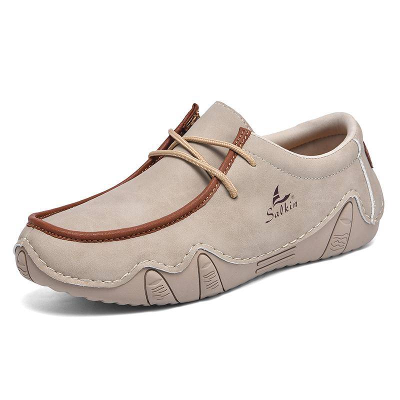 Neue Mode Handgefertigte Leder Freizeitschuhe Herren Design Sneakers Mann Slipper Atmungsaktiv Low Top Flache Schuhe Fahren Übergröße 39 beige von Joom DACH