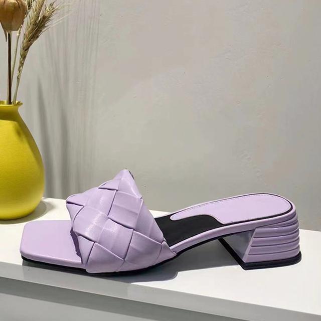 Neue Mode Handgefertigte Webart Leder Damen Slipper Niedrige Quadratische Absätze Damen Slip On Casual Outdoors Strand Slide Schuhe Sandalen 40 violett von Joom DACH
