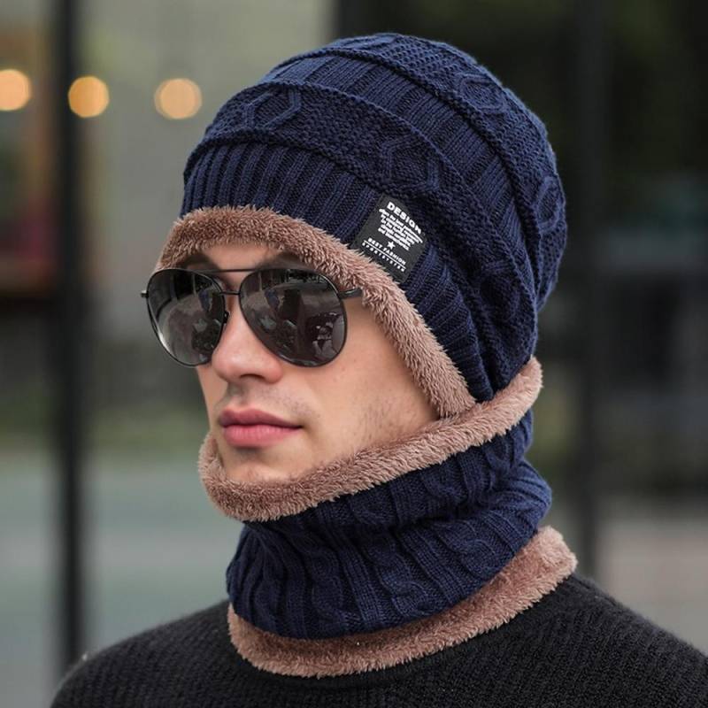 Neue Mode Herren Damen Strickmütze Plüschfutter Dicke Warme Mütze Anzug Stilvolle Wintermützen 56cm-60cm navy blau von Joom DACH