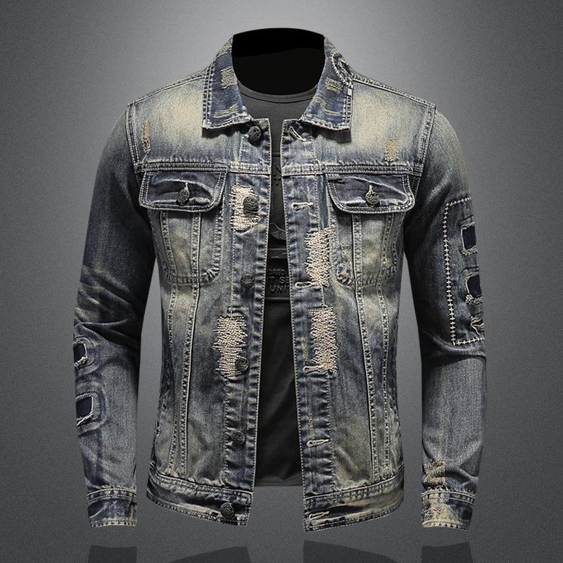 Neue Mode Herren Frühling und Herbst Schwere Arbeit Loch Patch männer Denim Jacke Top Retro Getragen Mantel L von Joom DACH