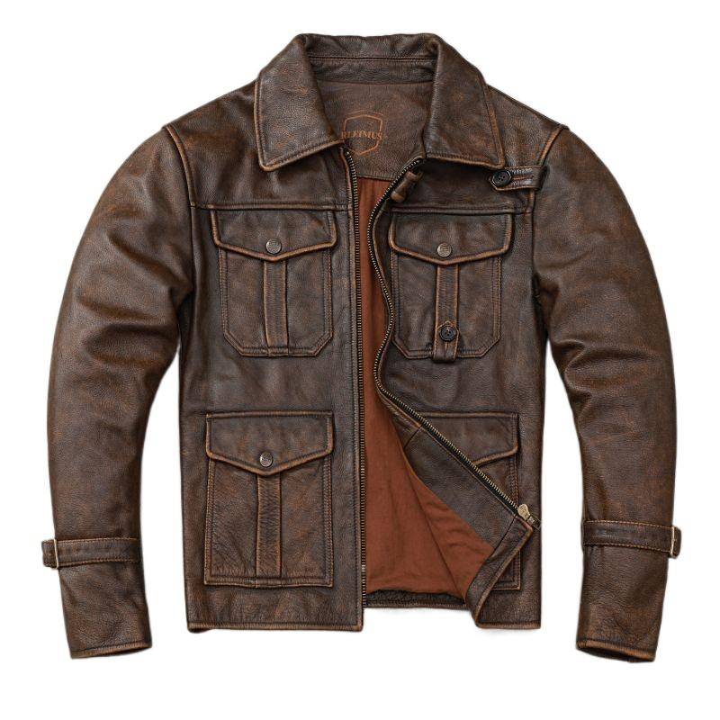 Neue Mode Herren Leder Jacke Schlank Retro Stein Gefräst Vintage Rindsleder Jacke Männer Mäntel Herbst Kleidung XL braun von Joom DACH