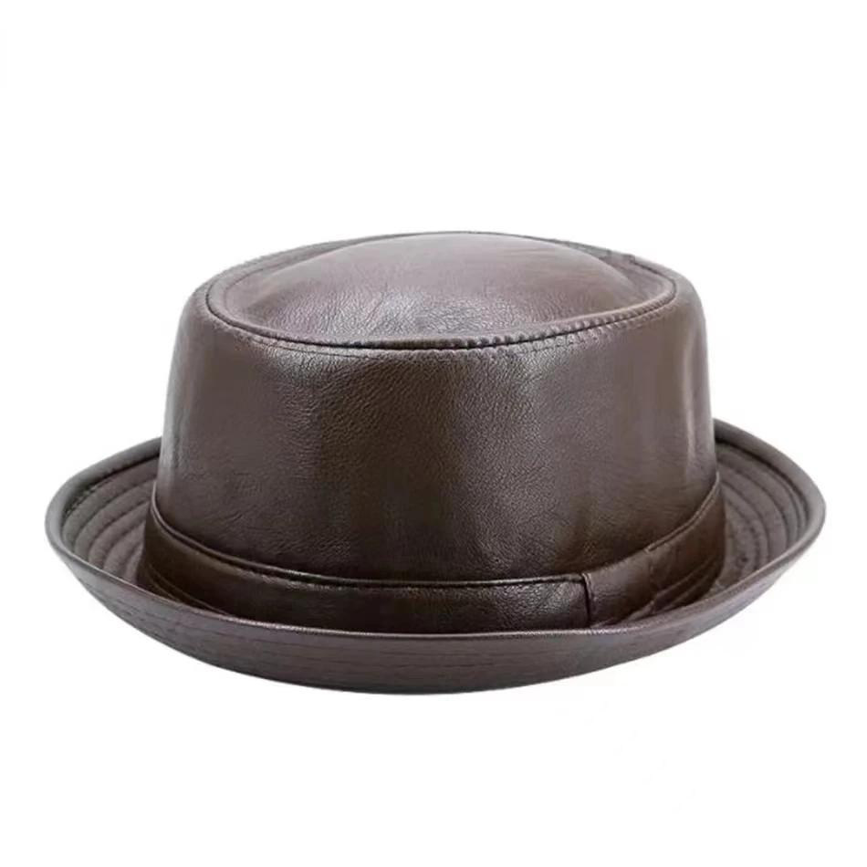 Neue Mode Herren Schwarzer Leder Trilby Hut Männliche Fedora Kappe Retro Damen Herbst Marke Porkpie Hüte Herren Vintage Jazzhüte 56-58cm braun von Joom DACH