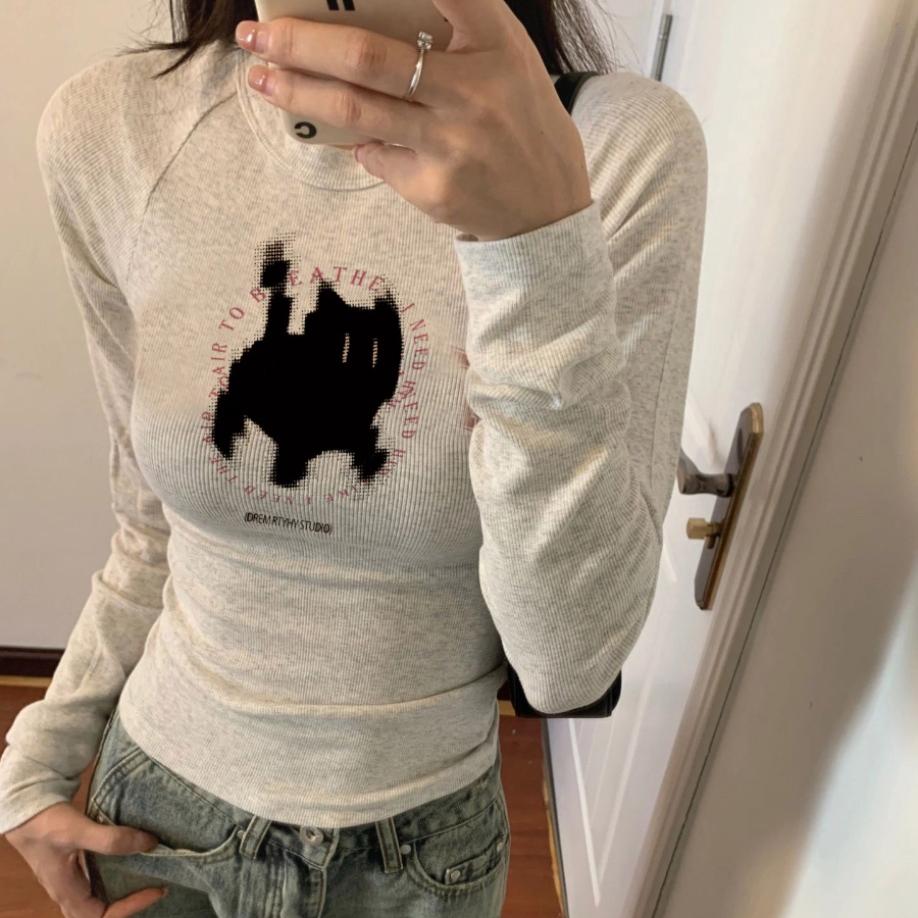 Neue Mode Kawaii Katze Print Grunge T-shirts Herbst Süße Blume Grau Crop Top Frauen Y2k Ästhetischen Al Spiel Harajuku Tees XL grau von Joom DACH