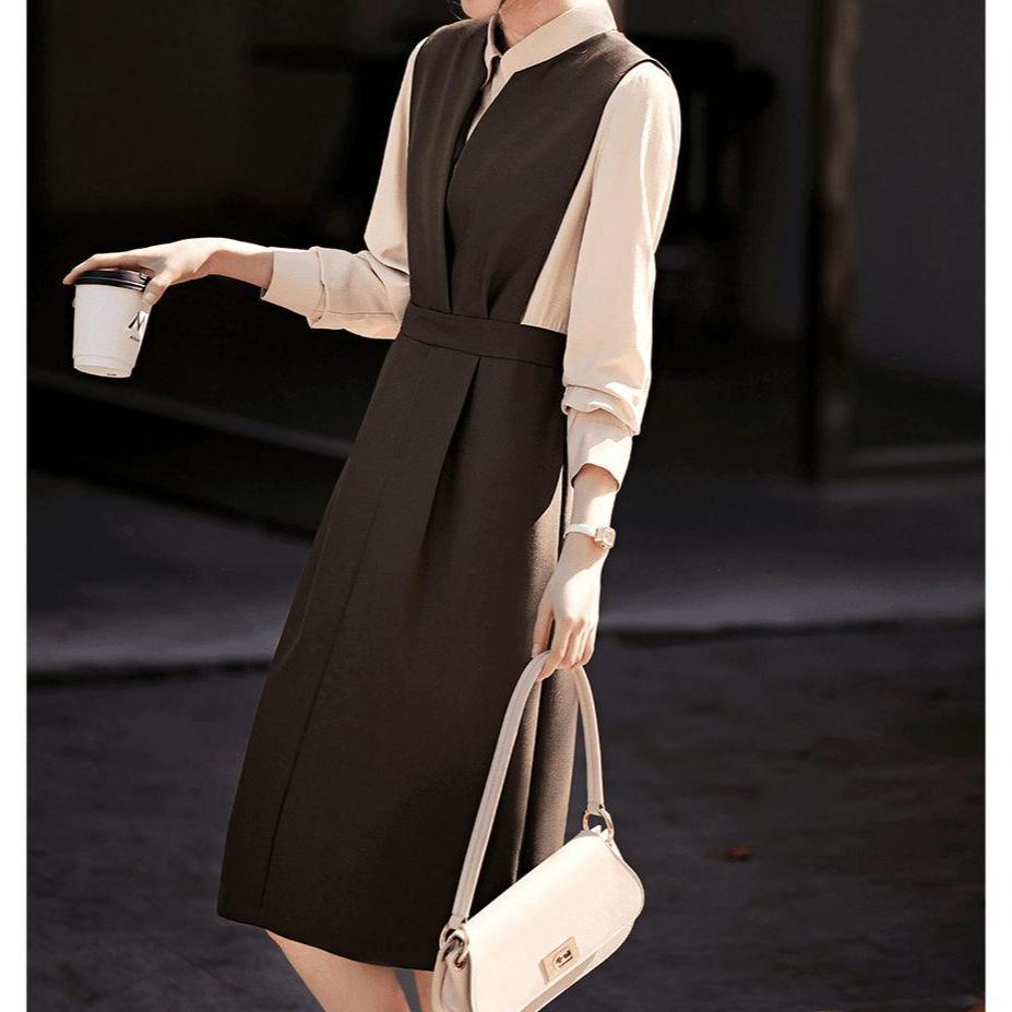 Neue Mode Temperament Elegante Kontrast Farbe Spleißen Gefälschte Zwei-stück Pendeln Dünne Kleid Frauen S dunkelbraune von Joom DACH