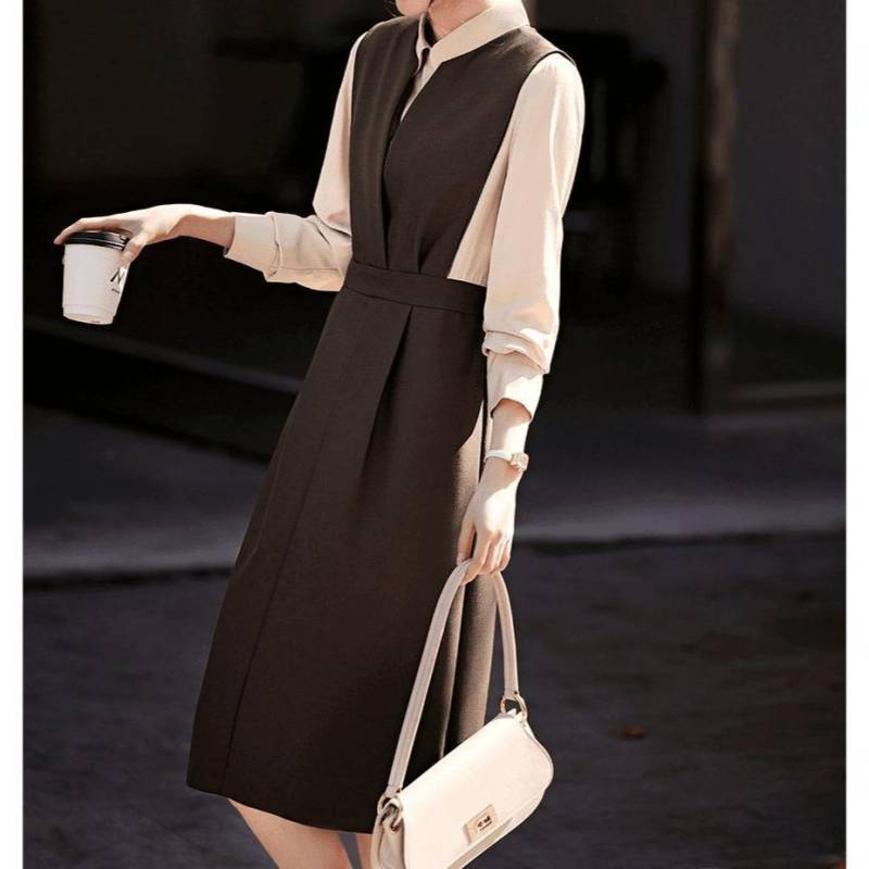 Neue Mode Temperament Elegante Kontrast Farbe Spleißen Gefälschte Zwei-stück Pendeln Dünne Kleid Frauen S dunkelbraune von Joom DACH