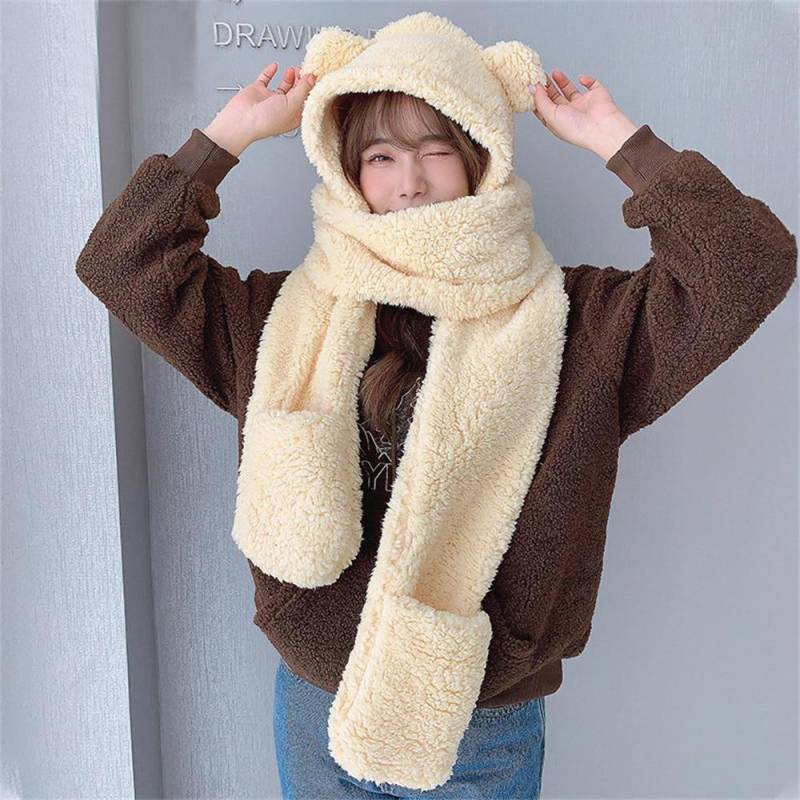 Neue Nette Bär Ohr Hut Schal Handschuhe Set Winter Frauen Beanies Caps Warme Casual Plüsch Hüte Casual Solide Fleece Mädchen kawaii Geschenk One Size beige von Joom DACH