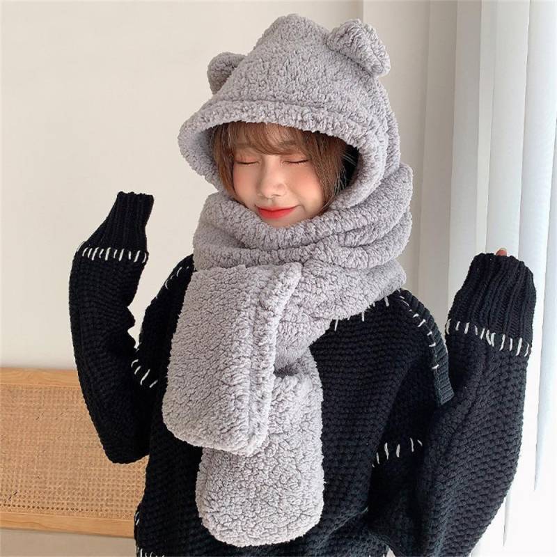 Neue Nette Bär Ohr Hut Schal Handschuhe Set Winter Frauen Beanies Caps Warme Casual Plüsch Hüte Casual Solide Fleece Mädchen kawaii Geschenk One Size graue von Joom DACH