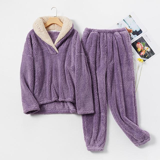Neue Pyjama-Sets frauen Solide Langarm Winter Frau Flauschigen Pijama Anzug mit Hosen Dicke Warme Fleece Hause Kleidung für Weibliche XXL von Joom DACH
