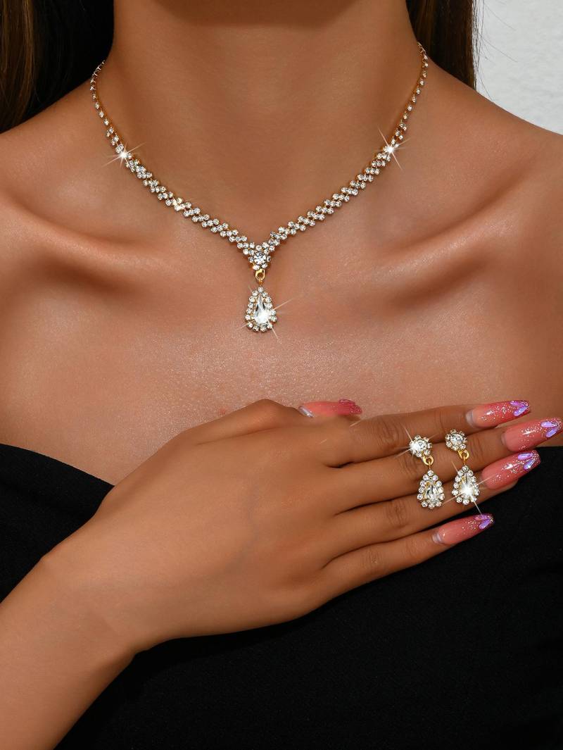 Neue Schmuck Metall Diamant Halskette Ohrringe zweiteilige Hochzeit Braut Schmuck Set Kombination von Joom DACH