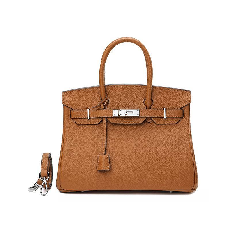 Neue Silber Taste Litschi Muster Kopf Schicht Rindsleder Platin Tasche Handheld Platin Tasche Mode Echtes Leder frauen Schulter Tasche 25cm braun von Joom DACH