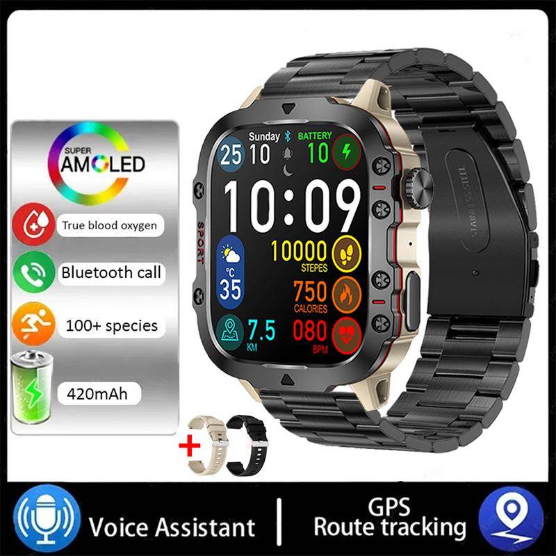 Neue Smart Watch 1,96 Zoll Bildschirm 420 MAh Bluetooth Anruf Sprachassistent Uhr Sport Fitness Wasserdichte Smartwatch für Männer Steel+Silicone+Silicone mandel von Joom DACH