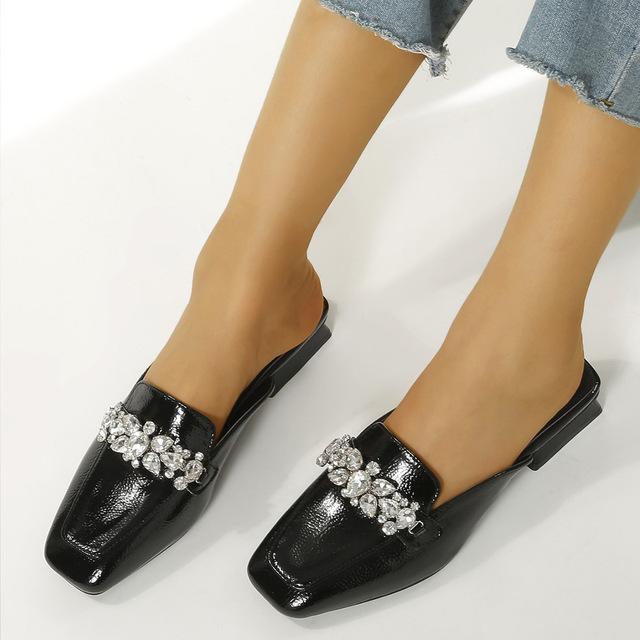 Neue Sommer Damen Pantoletten Schuhe Quadratische Zehenpartie Niedrig Absatz Oberbekleidung Slip-On Weiß Schwarz Strass Große Größe Damen Sandalen 37 schwarz von Joom DACH
