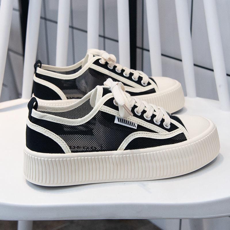 Neue Sommer Dünne Atmungsaktive Canvas Schuhe Damenschuhe Vielseitige Board Schuhe Sommer Mädchen Dicksohlige Mesh Netzschuhe 40 schwarz von Joom DACH