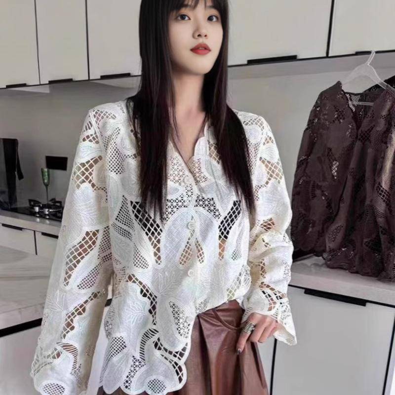 Neue Sommer Frühling V-Ausschnitt Shirt Frauen Bluse Langarm Basic Fashion Tops Tees Spitze Casual Loose White Tees One Size beige von Joom DACH