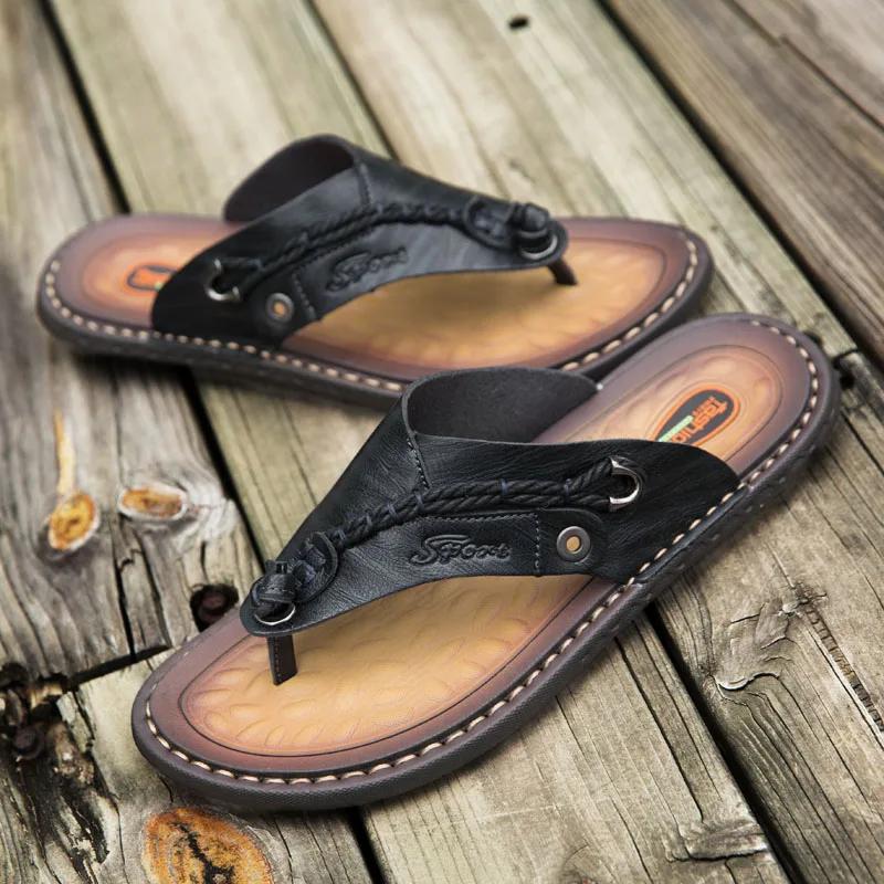 Neue Sommer-Handgefertigte Leder-Hausschuhe Trendy Fashion Herren Flip-Flops Outdoor Atmungsaktiv Bequeme Herren und einfache Sandalen 40 schwarz von Joom DACH