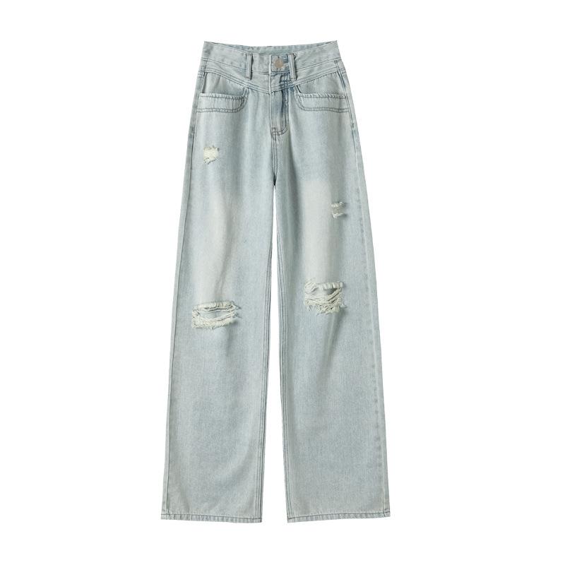 Neue Sommer High-Waist Ripped Jeans für Damen Birnenförmige Weitbein-Hose Drapierte Lockere und Schlankmachende Straight-Leg-Hose XXL von Joom DACH