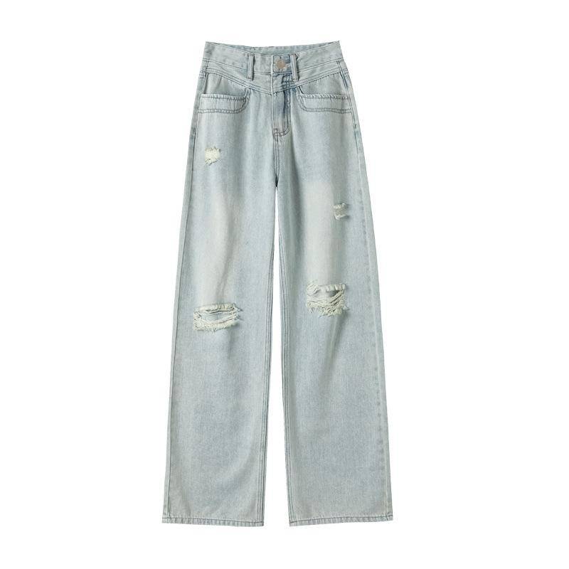 Neue Sommer High-Waist Ripped Jeans für Damen Birnenförmige Weitbein-Hose Drapierte Lockere und Schlankmachende Straight-Leg-Hose XXL von Joom DACH