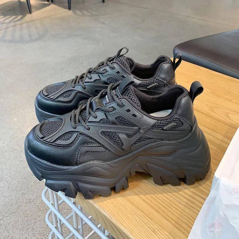 Neue Sommer Schwarze Klobige Lässige Sneaker Damen Neue Mode Plateau Sportschuhe Damen Damen Mesh Leder Plateau Schuhe 35 schwarz von Joom DACH