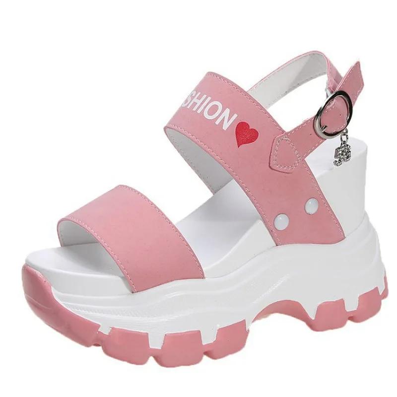 Neue Sommer Sports Damen Sandalen Frau Dicke Sohle Keilabsatz Plateau Schuhe für Damen High Heels Mode Bequem Rot Pink 37 von Joom DACH