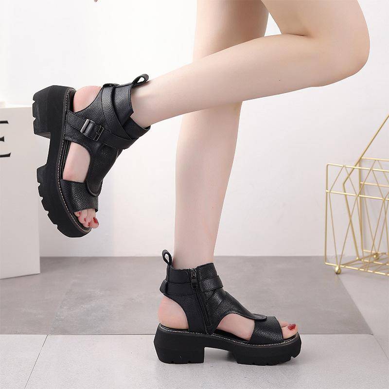Neue Sommerschuhe Retro Echtes Leder Keile Plattform Peep Toe High Heel Fischmaul Schwarze Damen Sandalen 40 schwarz von Joom DACH