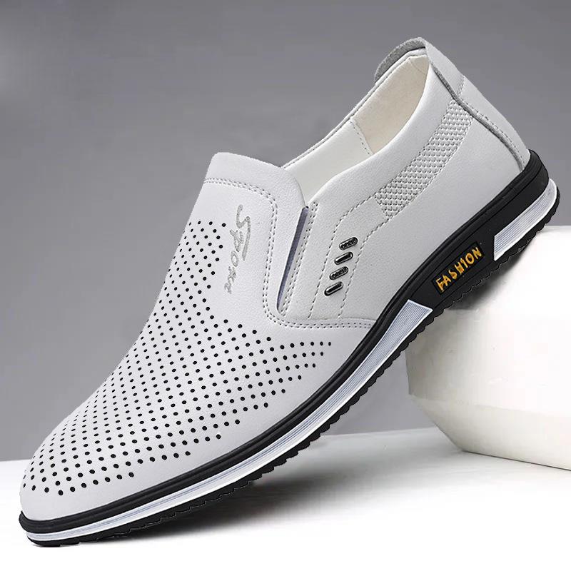 Neue Sommerschuhe aus hohlem Leder für Herren, Freizeitschuhe für Herren im koreanischen Stil, atmungsaktiv, britische weiße Slip-on-Lederschuhe 43 von Joom DACH