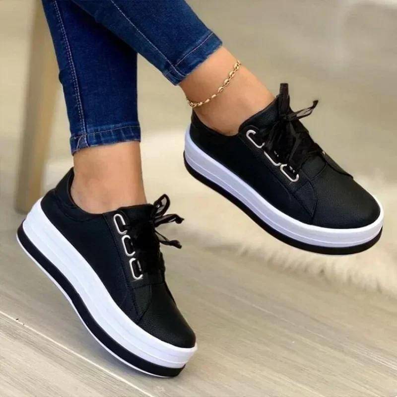 Neue Sportschuhe Damen Vulkanisierte Schuhe Outdoor Plateau Freizeitschuhe Weiblich Leder Mode Sneakers Frau Keilabsatz Flats 43 schwarz von Joom DACH