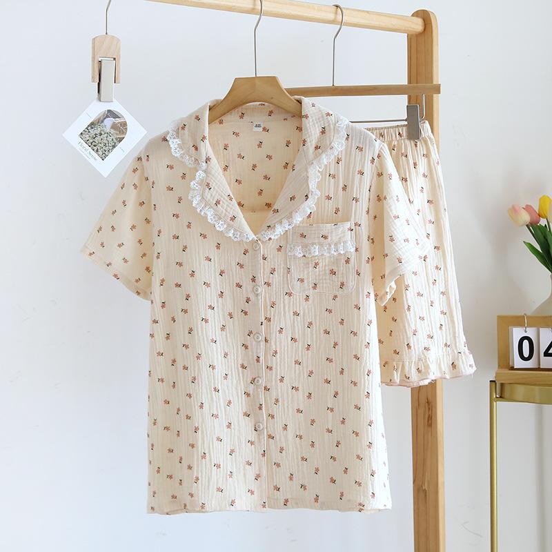 Neue Stil Sommer Baumwolle kurzarm Shorts Pyjamas Anzug Frauen Doppel Gaze Nette Erdbeere Dünne Hause Service Frauen XL von Joom DACH