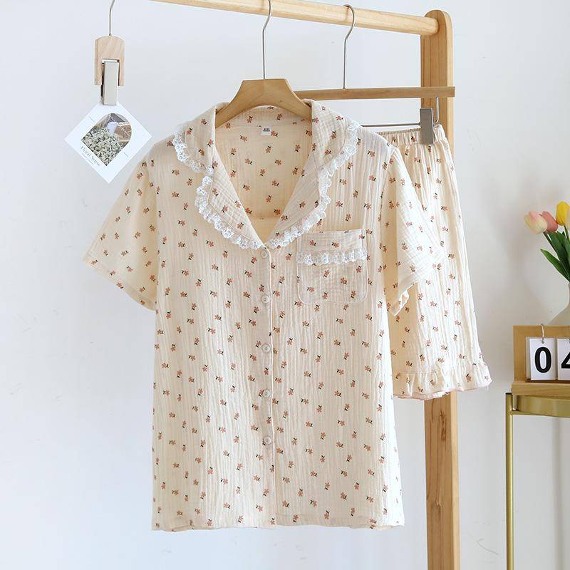 Neue Stil Sommer Baumwolle kurzarm Shorts Pyjamas Anzug Frauen Doppel Gaze Nette Erdbeere Dünne Hause Service Frauen XL von Joom DACH