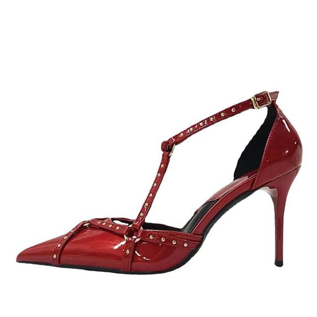 Neue Stil Vintage Niet Frauen Pumps Rot Leder Spitzschuh Schnalle Dünne High Heels Mode Sommer Büro Dame Schuhe 34 von Joom DACH