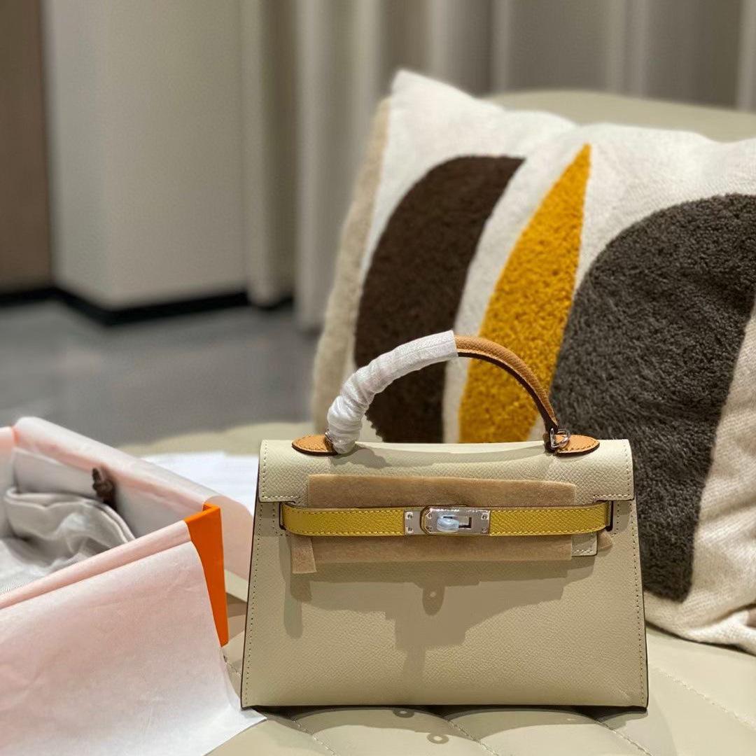 Neue Tasche aus echtem Leder der zweiten Generation, Mini-Tasche, Palmendruck, Rindsleder, einzelne Schulter, Umhängetasche für Damen, klassisch, modisch und vielseitig 21cm+box with silk scarf gelb/weiß von Joom DACH