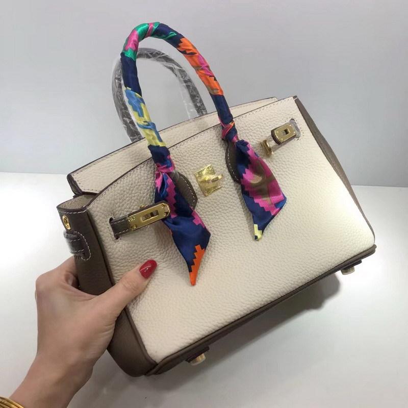 Neue Top Layer-Rindsledertasche mit Litschi-Muster und Farbblockierung in Platin + Handtasche aus echtem Leder + Umhängetasche für Damen 25x10x19cm weiß von Joom DACH