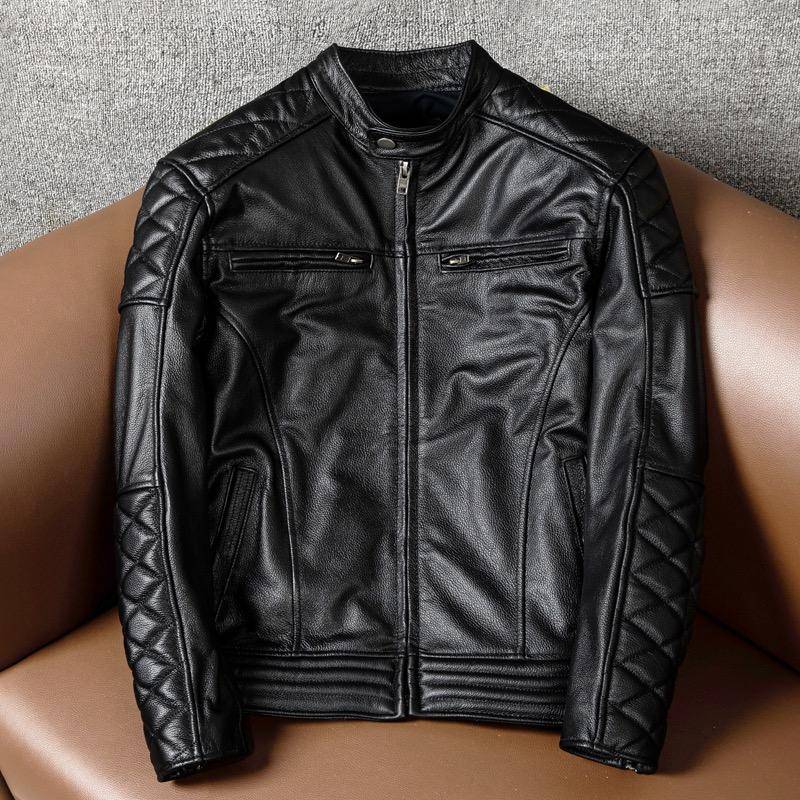 Neue Top-Schicht Rindsleder Echtes Leder Jacke Männer Slim-Fit Stehkragen Motorrad Motorrad Reiten Jacke Mode Lässig L schwarz von Joom DACH