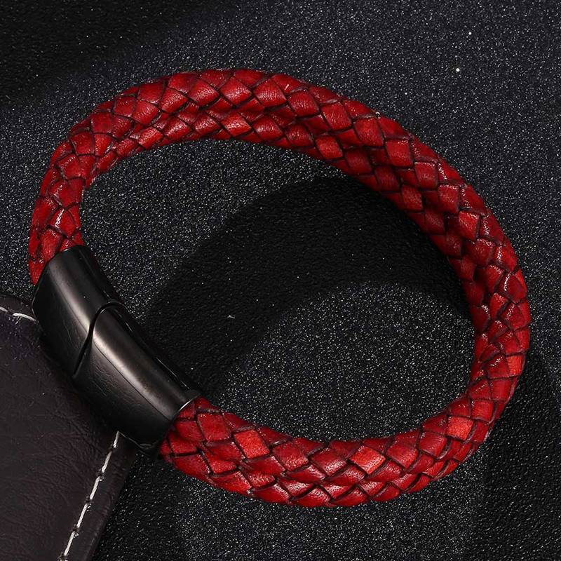 Neue Trendige Vintage Rote Echtes Leder Geflochtenes Charm Leder Damen Armbänder Herren Armreifen Homme Schmuck 185mm schwarz von Joom DACH