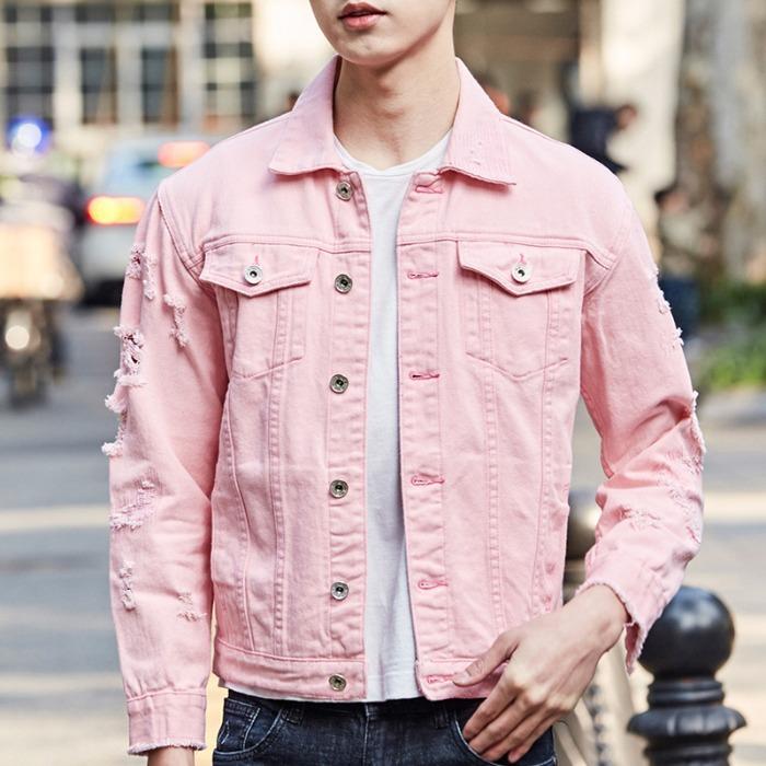Neue Übergroße Herren-Jeansjacke mit Rissen für Herbst und Winter, Lockere Denim-Baumwolljacke, Herren-Jeansjacken-Oberteil 4XL rosa von Joom DACH