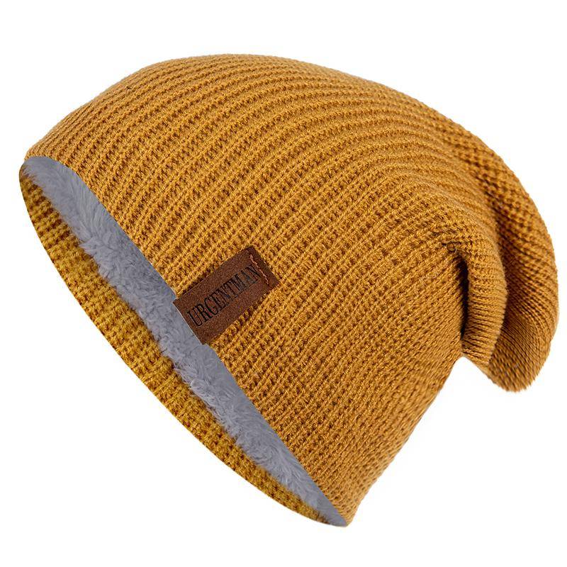 Neue Unisex-Ski-Beanie-Mütze, gehäkelt, mit Fell gefüttert, warme Strickmütze, stilvolle, einfarbige Wintermützen für Männer und Frauen 54cm-62cm gelb von Joom DACH