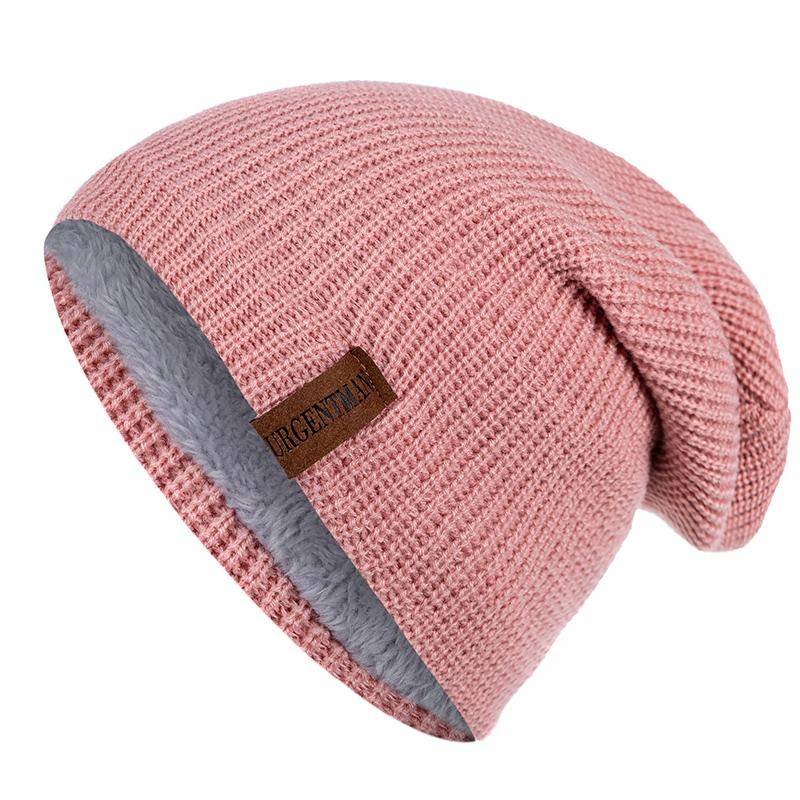 Neue Unisex-Ski-Beanie-Mütze, gehäkelt, mit Fell gefüttert, warme Strickmütze, stilvolle, einfarbige Wintermützen für Männer und Frauen 54cm-62cm rosa von Joom DACH